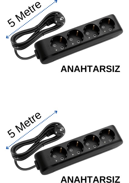 (4/'lü) Dörtlü Priz Topraklı Kablolu Siyah 5 (Beş) Metre (2 Adet)
