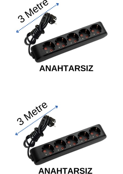 (5/'li) Beşli Priz Topraklı Kablolu Siyah 3 (Üç) Metre (2 Adet)