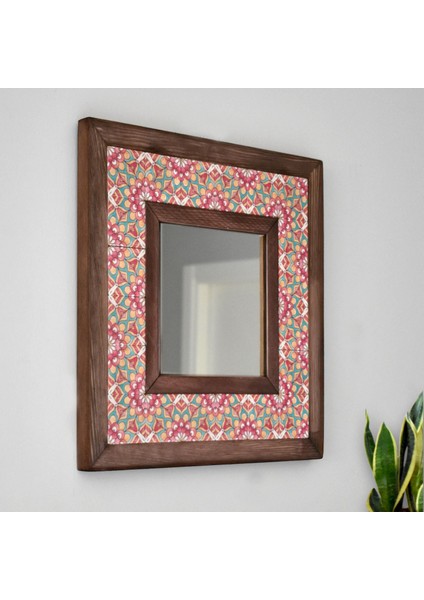 El Yapımı Masif Ahşap & Desenli Mermer Çerçeveli Duvar Aynası - 017.1 - 34x34 cm