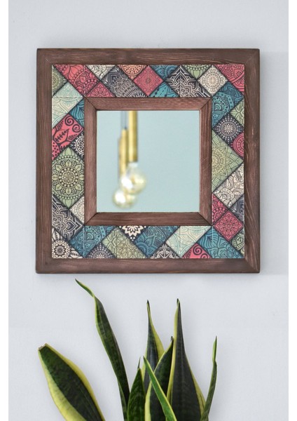 El Yapımı Masif Ahşap & Desenli Mermer Çerçeveli Duvar Aynası - 023.1 - 34x34 cm