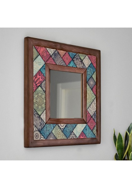 El Yapımı Masif Ahşap & Desenli Mermer Çerçeveli Duvar Aynası - 023.1 - 34x34 cm fiyatları