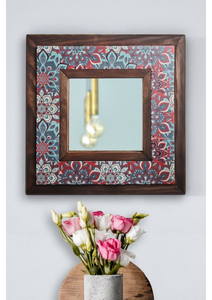 El Yapımı Masif Ahşap & Desenli Mermer Çerçeveli Duvar Aynası - 027.1 - 34x34 cm