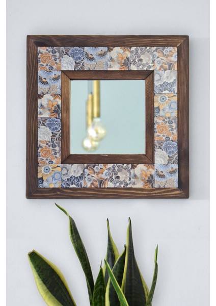 El Yapımı Masif Ahşap & Desenli Mermer Çerçeveli Duvar Aynası - 037.1 - 34x34 cm