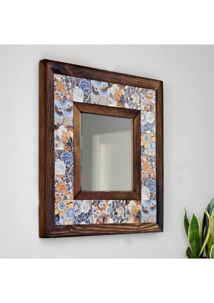 El Yapımı Masif Ahşap & Desenli Mermer Çerçeveli Duvar Aynası - 037.1 - 34x34 cm fiyatları