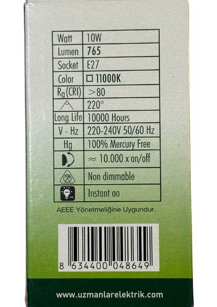 10W(75W) 11000K (Mavi Işık) E27 Duylu LED Ampul (10 Adet)