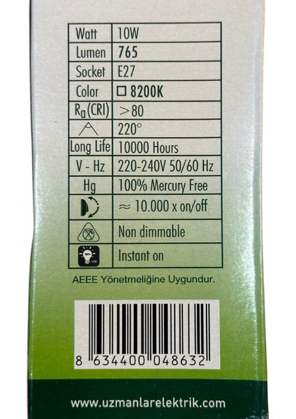 10W(75W) 8200K (Yeşil Işık) E27 Duylu LED Ampul (10 Adet)