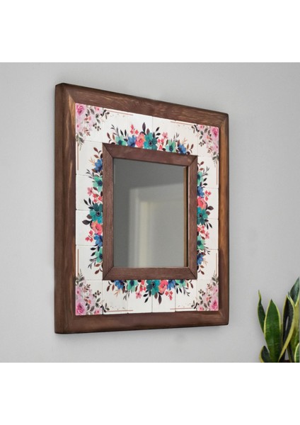 El Yapımı Masif Ahşap & Desenli Mermer Çerçeveli Duvar Aynası - 066.1 - 34x34 cm fiyatları