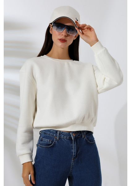 Şardonlu Oversize Bisiklet Yaka Geniş Kalıp Sweatshirt 21614 Ekru fiyatları