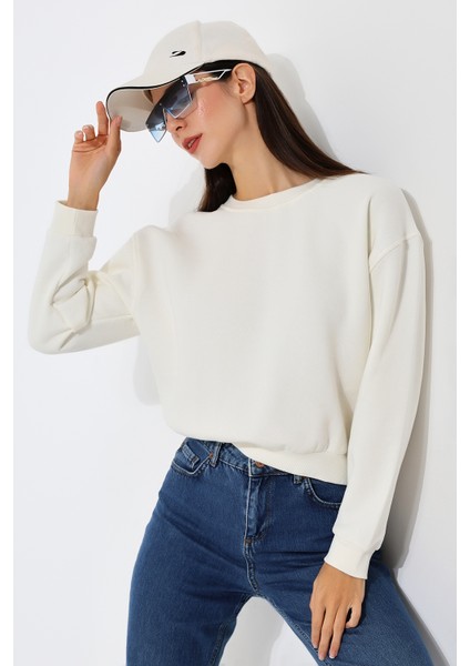 Şardonlu Oversize Bisiklet Yaka Geniş Kalıp Sweatshirt 21614 Ekru modelleri