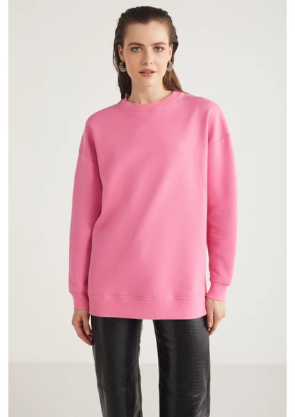 Allys Kadın Bisiklet Yaka Oversize Basic Pembe Sweatshirt