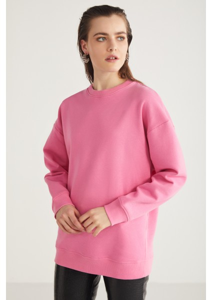 Allys Kadın Bisiklet Yaka Oversize Basic Pembe Sweatshirt