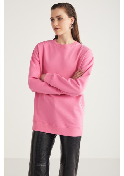 Allys Kadın Bisiklet Yaka Oversize Basic Pembe Sweatshirt