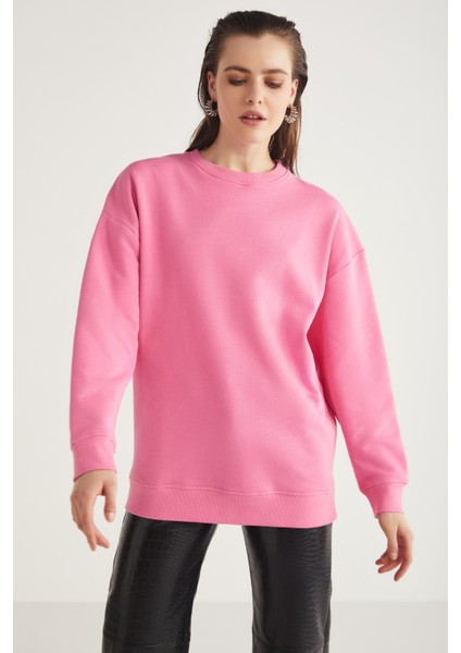 Allys Kadın Bisiklet Yaka Oversize Basic Pembe Sweatshirt