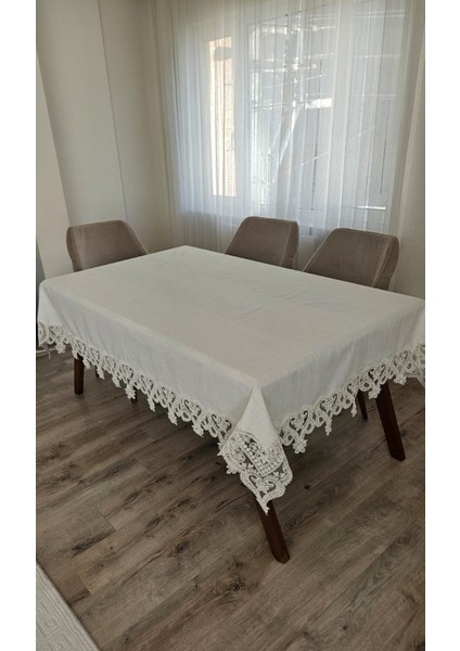 Zesa Home Gardenya Keten Dertsiz Kalp Desenli Ağır Güpürlü Krem Masa ÖRTÜSÜ-160X160...160X500