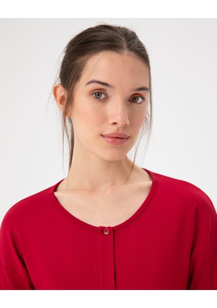Kırmızı Kadın Uzun Kollu Düğmeli Volanlı Pijama Üstü