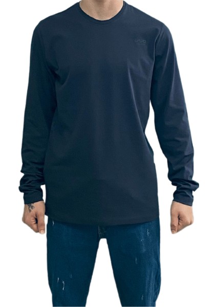 Lacivert Unisex No Standart Uzun Kollu Likralı T-Shirt