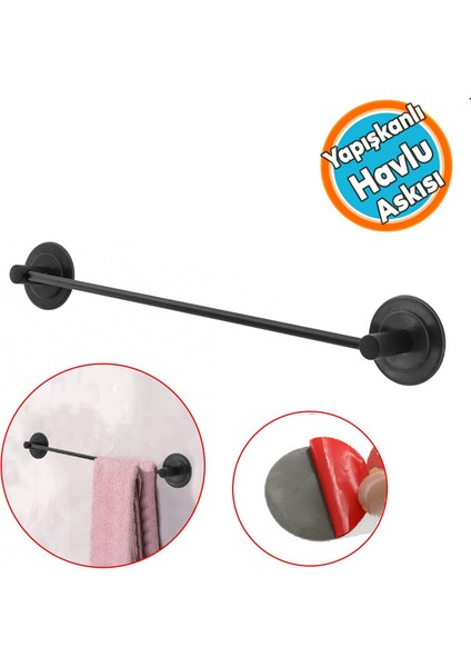 Banyo Lavabo Mutfak Yapışkanlı Bez Havlu Standı Askısı Paslanmaz Metal Siyah Uzun Bez Havluluk