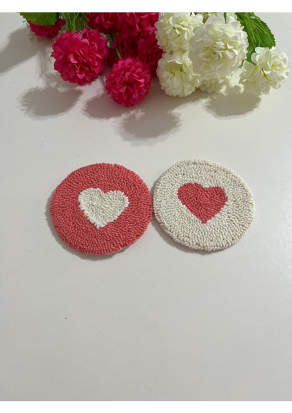 Punch Nakışı Kalp Desenli 2li Bardak Altlığı