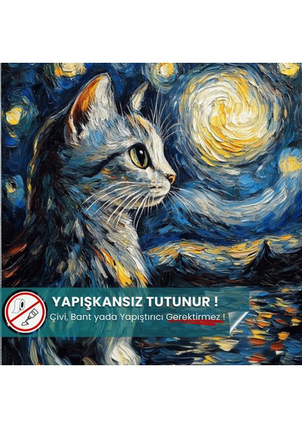 Yıldızlı Gece Kedi Posteri, Akıllı Kağıt Premium Eşsiz Tasarım Poster, Van Gogh Tablo,duvar Posteri