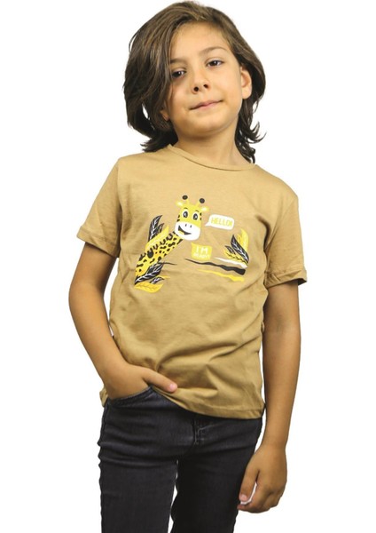 Sütlü Kahve Renk Hello Zürafa Kısa Kol Çocuk T-Shirt