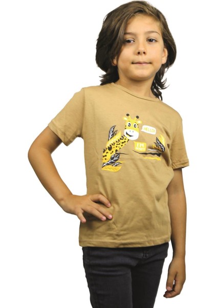 Sütlü Kahve Renk Hello Zürafa Kısa Kol Çocuk T-Shirt