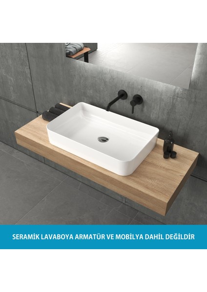 Aqua Bagno Mestola  Tezgah Üstü Kare Çanak Lavabo Batarya Deliksiz 38X 60 cm Beyaz