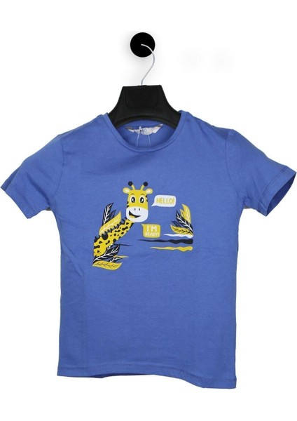 Mavi Renk Hello Zürafa Kısa Kol Çocuk T-Shirt