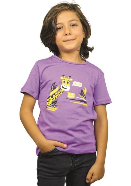 Mor Renk Hello Zürafa Kısa Kol Çocuk T-Shirt