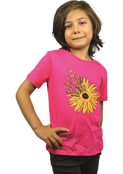 Pembe Renk Papatya Desenli Kısa Kol Çocuk T-Shirt