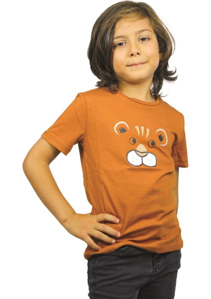 Kahverengi Aslan Desenli Kısa Kol Çocuk T-Shirt