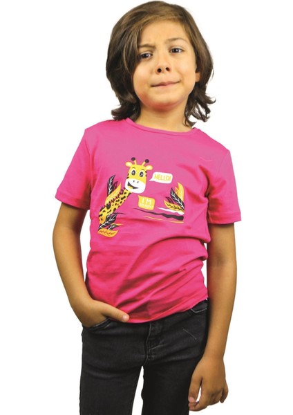 Pembe Renk Hello Zürafa Kısa Kol Çocuk T-Shirt