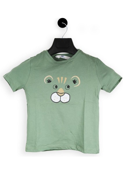 Su Yeşili Aslan Desenli Kısa Kol Çocuk T-Shirt