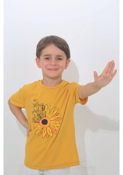 Hardal Renk Papatya Desenli Kısa Kol Çocuk T-Shirt