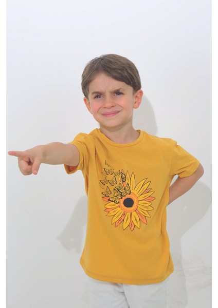 Hardal Renk Papatya Desenli Kısa Kol Çocuk T-Shirt