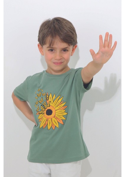 Su Yeşili Papatya Desenli Kısa Kol Çocuk T-Shirt