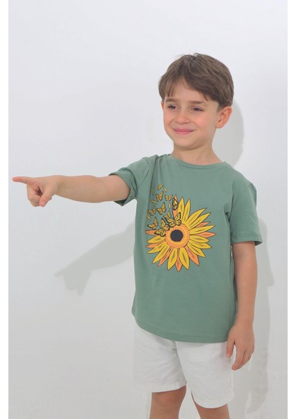 Su Yeşili Papatya Desenli Kısa Kol Çocuk T-Shirt