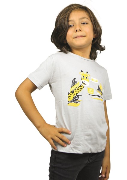 Gri Renk Hello Zürafa Kısa Kol Çocuk T-Shirt