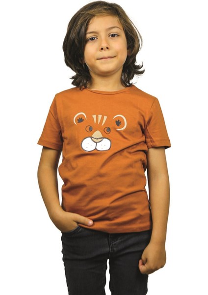 Kahverengi Aslan Desenli Kısa Kol Çocuk T-Shirt