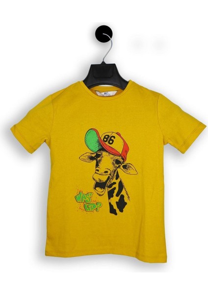 Hardal Renk Şapkalı Zürafa Kısa Kol Çocuk T-Shirt