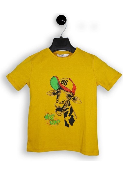 Hardal Renk Şapkalı Zürafa Kısa Kol Çocuk T-Shirt