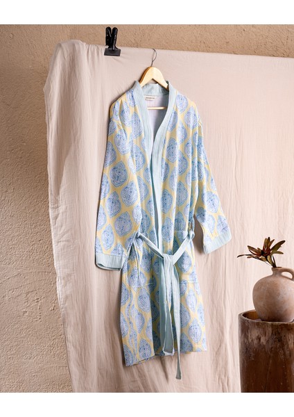 Aubina Müslin Kadın %100 Pamuk Bornoz - Sarı/mavi