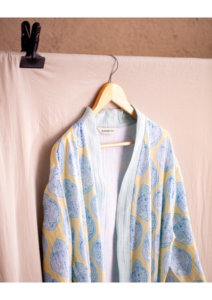 Aubina Müslin Kadın %100 Pamuk Bornoz - Sarı/mavi fırsatları