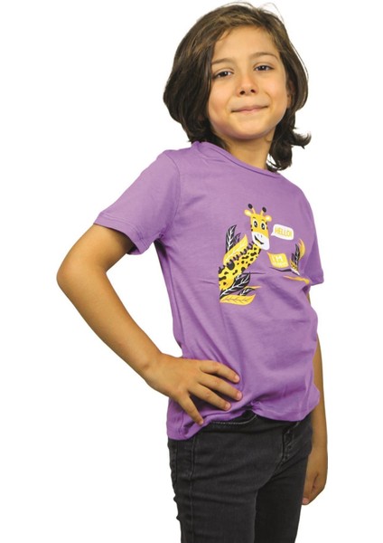 Mor Renk Hello Zürafa Kısa Kol Çocuk T-Shirt
