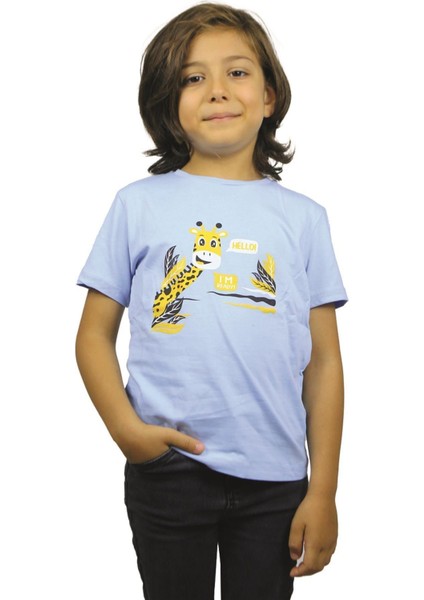 Açık Mavi Renk Hello Zürafa Kısa Kol Çocuk T-Shirt