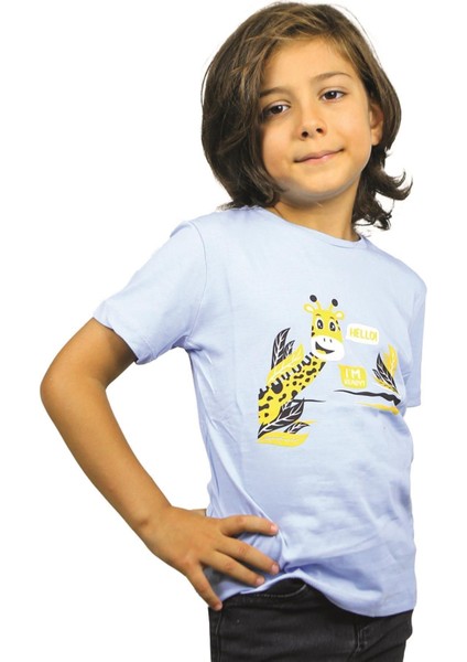 Açık Mavi Renk Hello Zürafa Kısa Kol Çocuk T-Shirt