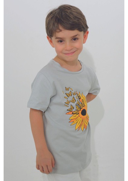 Gri Renk Papatya Desenli Kısa Kol Çocuk T-Shirt
