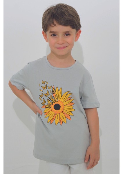 Gri Renk Papatya Desenli Kısa Kol Çocuk T-Shirt