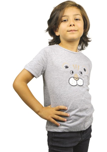 Gri Melanj Aslan Desenli Kısa Kol Çocuk T-Shirt fiyatları