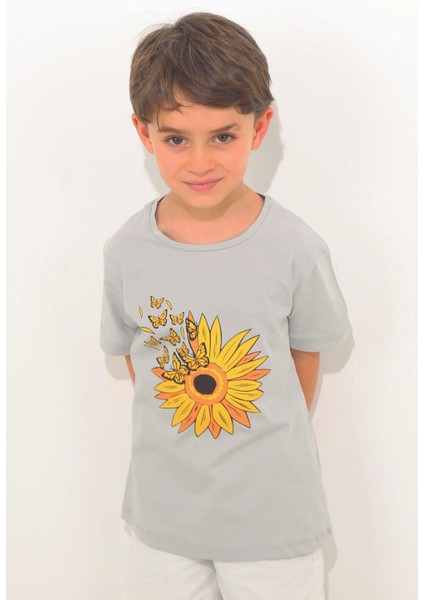 Gri Renk Papatya Desenli Kısa Kol Çocuk T-Shirt
