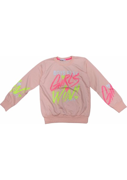 Kız Çocuk Girl Win Yazı Desenli Pudra Renk Sweatshirt